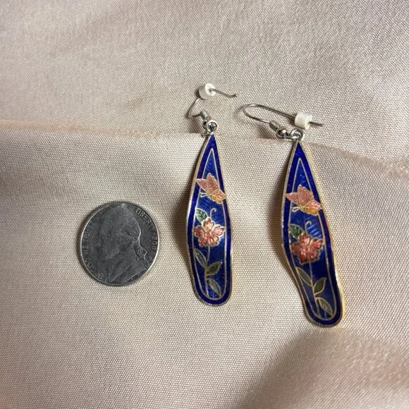 Vintage Cobalt Blue Cloisonné Drop Dangle Earrings Art Nouveau Style 2” - Picture 5 of 7